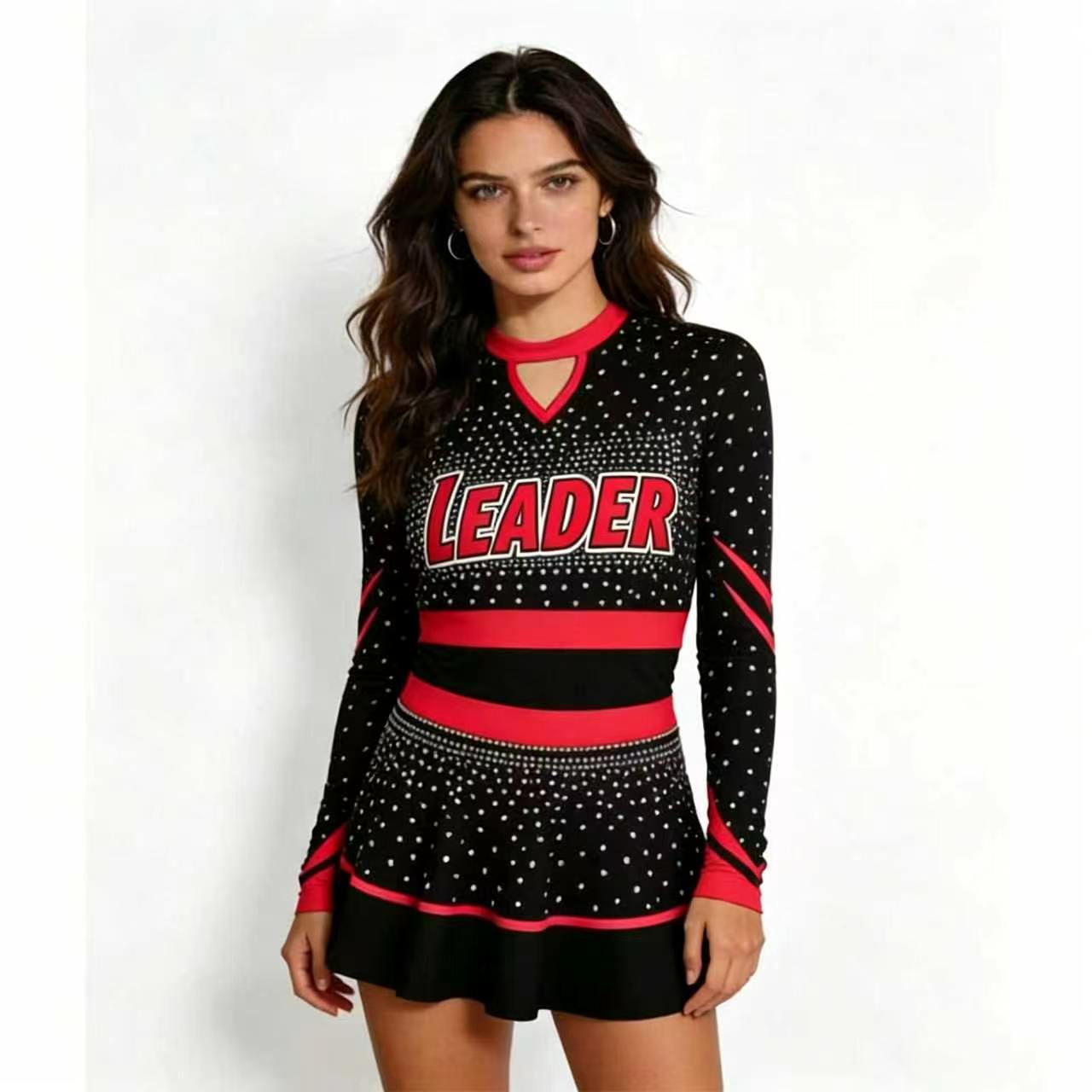 Women'S Red Formal Wear - Kostum Cheerleading Berhias Rhinestone Berkilau Wanita